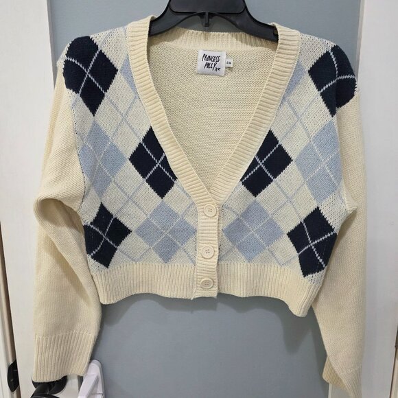 Princess Polly Cropped Argyle Cardigan Ivory Blue Womens S/M Preppy Knit Sweater - Picture 1 of 14